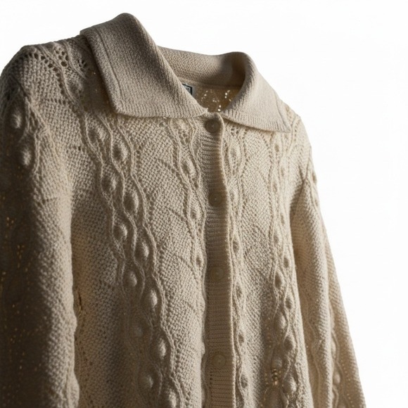 Keneth Too! Sweaters - Vintage 70s Ivory Acrylic Crochet Knit Granny Button Up Cardigan Sweater S/M